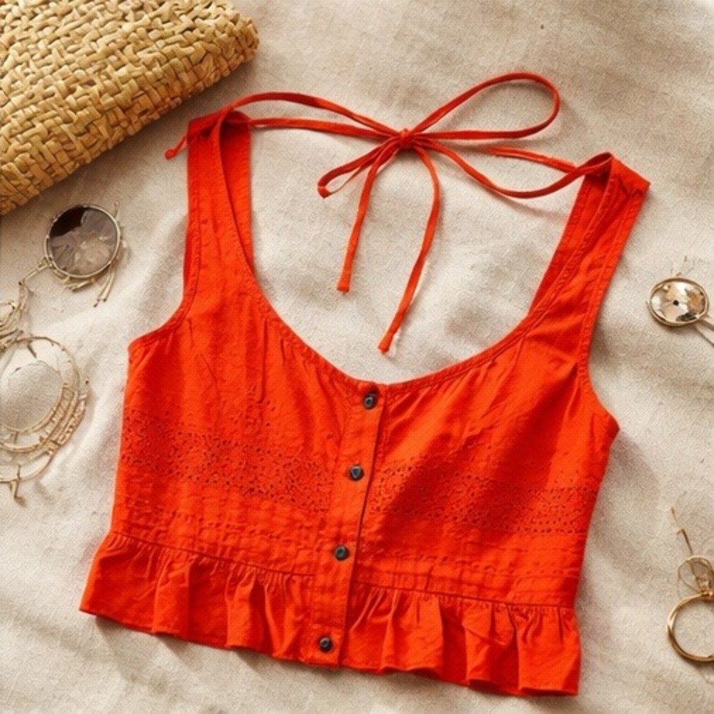 Free People Radiant Watermelon Eyelet‎ Crop Top Red Orange Small NWT